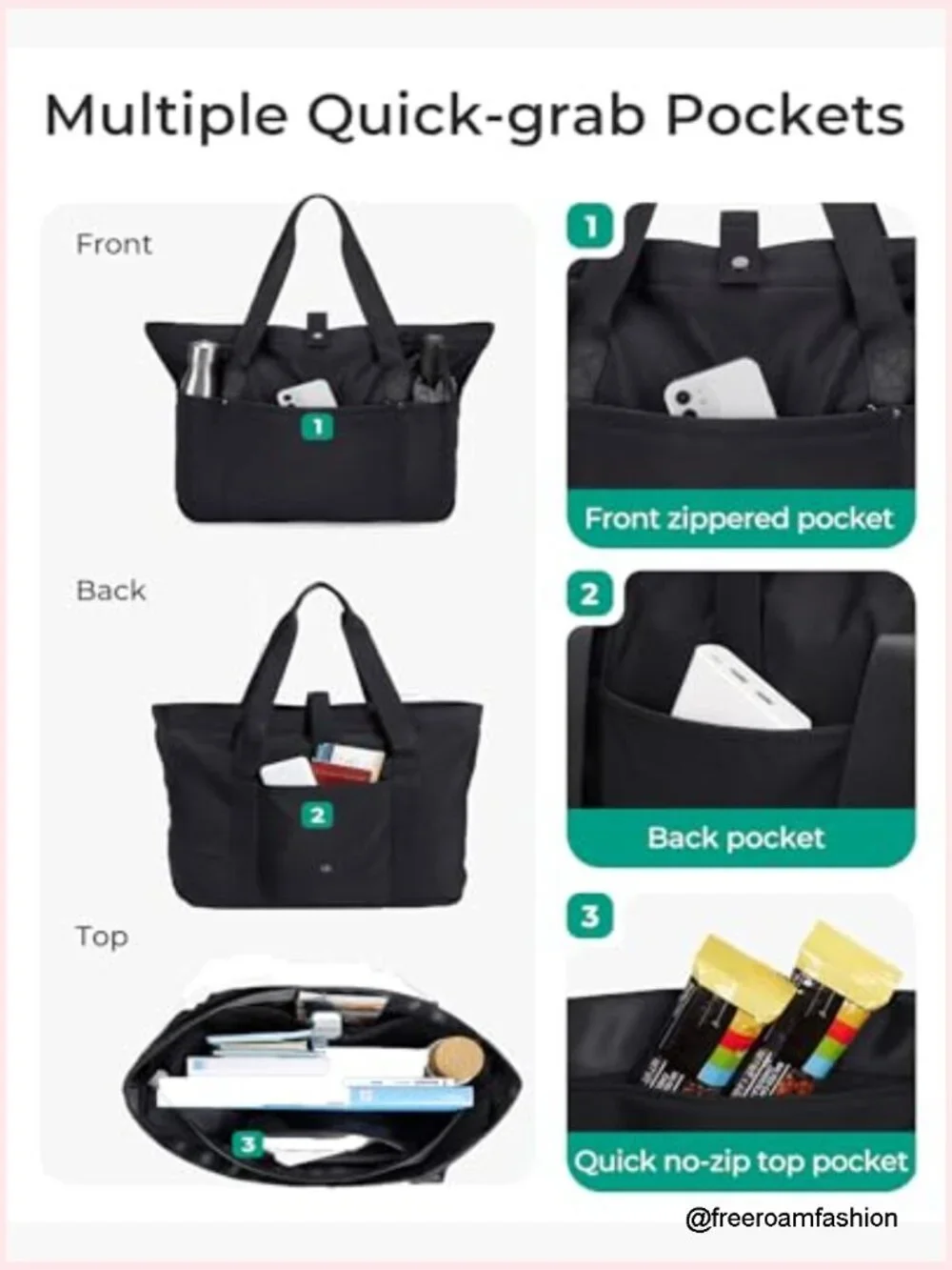 Large Foldable Tote Bag with Zipper, Travel Shoulder Bag for Work Gym
